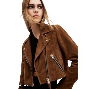 NWT AllSaints Tan Suede Dalby Crop Biker Leather Jacket 8